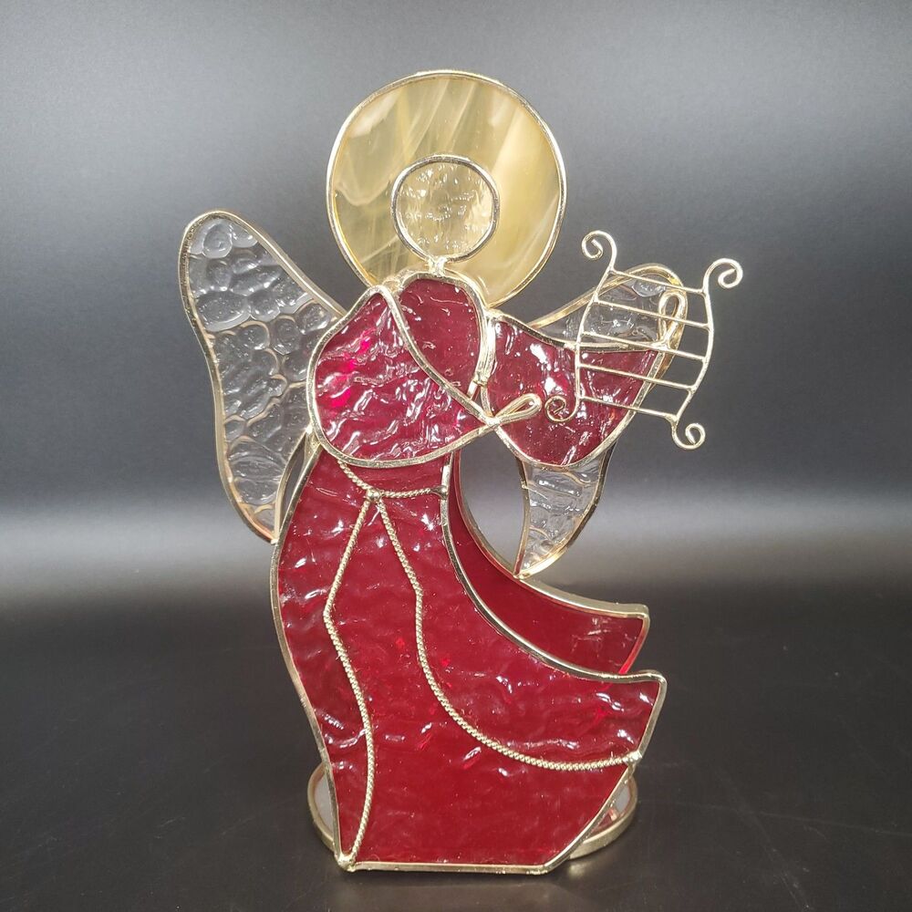 Vintage Stained Glass Angel Votive Candle Holder Red Gold 8.5x6